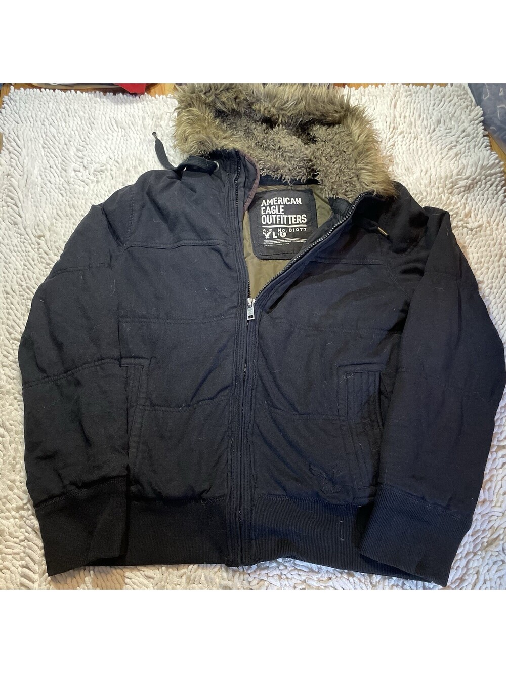 Vintage American Eagle Jacket Men’s Large Black Faux Fur Hooded Outdoor Zip Y2K